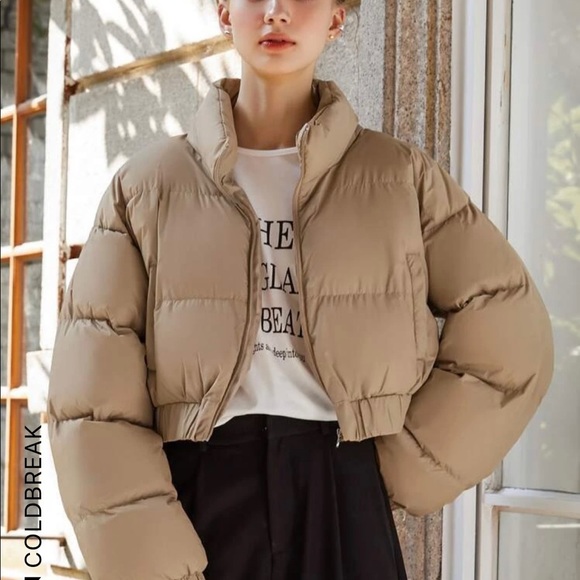 SHEIN coldbreaker zipper up elastic hem crop hem puffer coat colour: camel - Picture 2 of 4